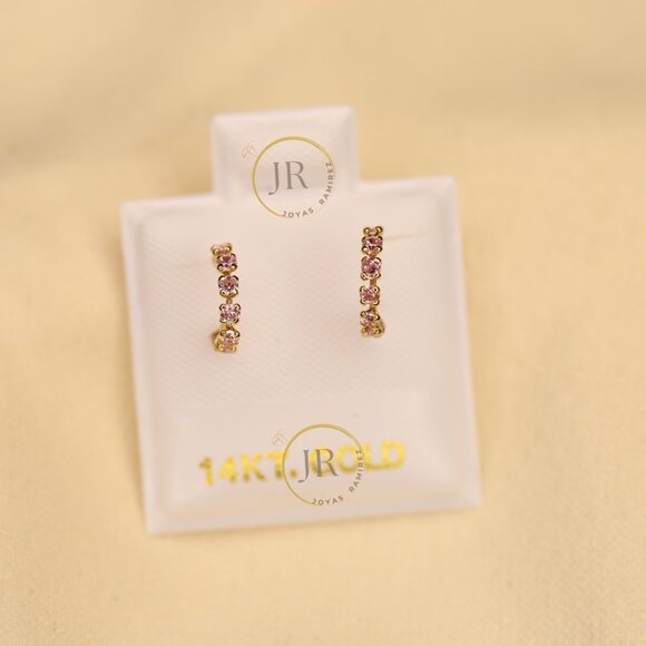 14K Solid Yellow Gold Huggies Hoops ·CZ in Pink, Multicolor, Red, Black and Blue - Picture 4 of 15